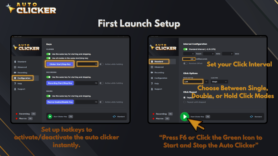 Setup guide showing how to configure, including hotkey assignment, click interval settings, and click mode options.