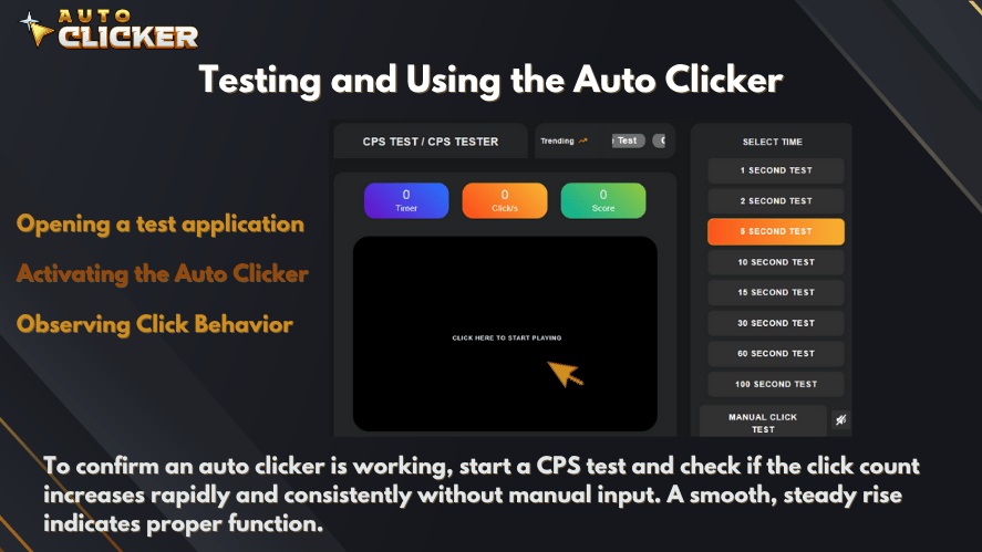Guide titled 'Testing and Using the Auto Clicker' showing a CPS test interface with a click counter and timer, steps to open a test app, activate the auto clicker, and observe behavior to confirm proper function.