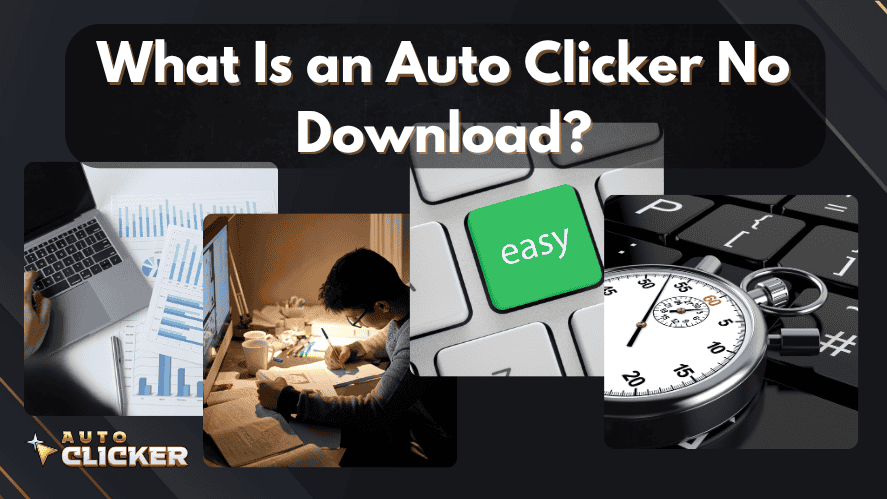 featuring visuals of a laptop with graphs, a person studying, a green "easy" key on a keyboard, and a stopwatch representing ease, productivity, and automation.