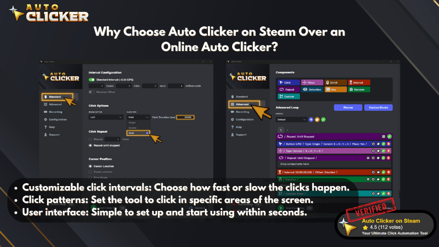 Side-by-side screenshots of Auto Clicker on Steam with a heading that reads "Why Choose Auto Clicker on Steam Over an Online Auto Clicker?" Highlighted features include customizable click intervals, click patterns, and a simple user interface. A badge shows a 4.5-star rating with 112 votes.