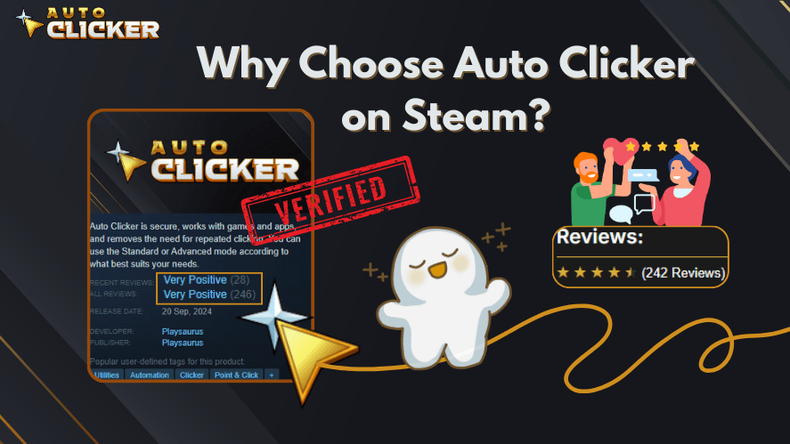 Infographic showing why AutoClicker on Steam is a trusted option, featuring verified badge, positive reviews, and a secure download interface.