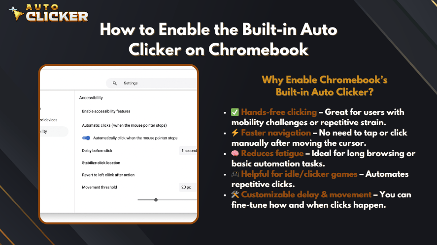 Screenshot showing how to enable the built-in auto clicker on Chromebook through the Accessibility settings, with a list of its benefits like hands-free clicking, faster navigation, and customizable delay options. auto clicker for chromebook