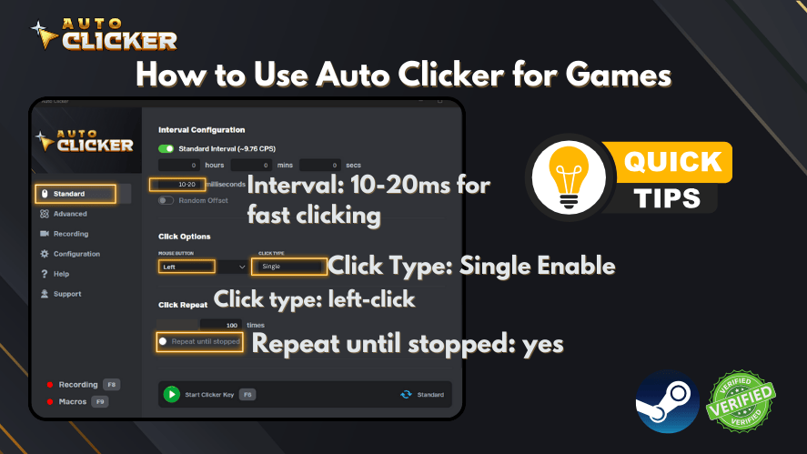 Screenshot of an Auto Clicker interface with quick tips showing optimal settings for games, including a 10–20ms interval, single left-click, and repeat mode enabled.