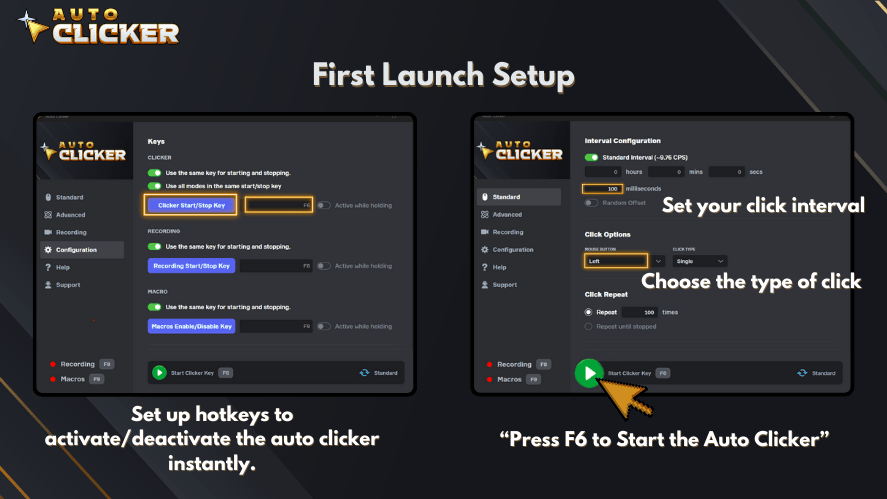  A visual guide titled "First Launch Setup" showing two screenshots of the Auto Clicker interface. The left panel displays hotkey settings for starting/stopping clicks, recording, and macros. The right panel shows interval configuration and click options. Arrows highlight where to set the click interval, choose the click type, and press F6 to start the Auto Clicker. The "Auto Clicker" logo is in the top-left corner on a dark geometric background.