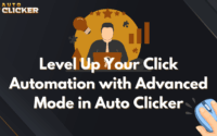 Illustration featuring the text 'Level Up Your Click Automation with Advanced Mode in Auto Clicker' on a dark background, along with icons depicting productivity and innovation, and a hand clicking a computer mouse.