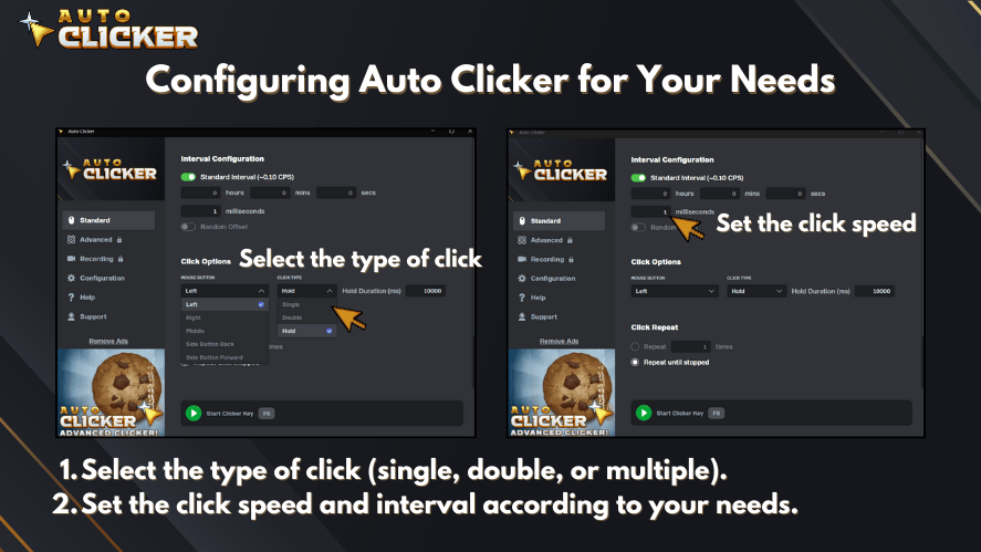 A guide titled "Configuring Auto Clicker for Your Needs" showing two screenshots of the Auto Clicker settings interface. The left image highlights selecting the click type (e.g., left, right, middle), while the right image focuses on setting the click speed and interval. Instructions at the bottom say to select the type of click and adjust the speed according to user needs. The "Auto Clicker" logo appears in the top-left corner on a dark background.
