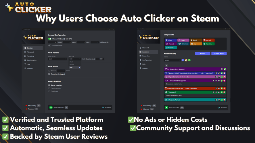 Banner titled 'Why Users Choose Auto Clicker on Steam' showing Auto Clicker's interface and listing benefits like verified platform, seamless updates, no ads, and community support.
