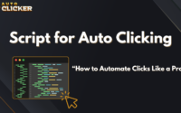 A dark-themed promotional graphic titled "Script for Auto Clicking" with a subheading that reads "How to Automate Clicks Like a Pro." The image features a stylized code editor with colorful code lines and a glowing yellow mouse cursor icon clicking on the editor. The "Auto Clicker" logo is displayed in the top-left corner.