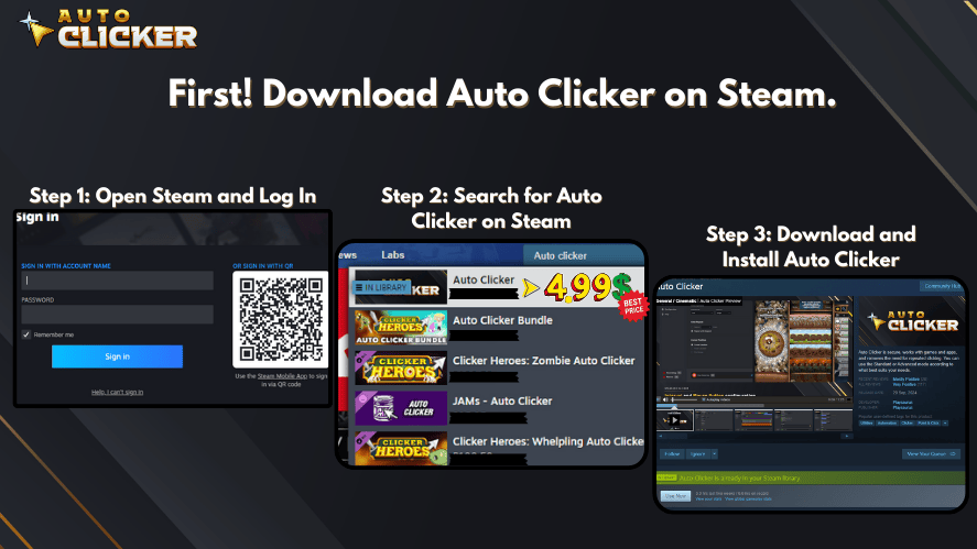 Step-by-step guide titled 'First! Download Auto Clicker on Steam' showing how to log in to Steam, search for Auto Clicker, and download and install the app.