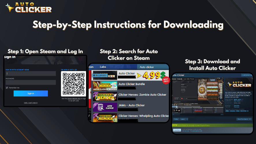 A step-by-step guide titled "Step-by-Step Instructions for Downloading" with three sections: Step 1 shows the Steam login screen; Step 2 shows search results for "Auto Clicker" on Steam, including game bundles and pricing; Step 3 displays the download and install page for the Auto Clicker tool. The "Auto Clicker" logo is in the top-left corner, with a dark background and highlighted instructional visuals.
