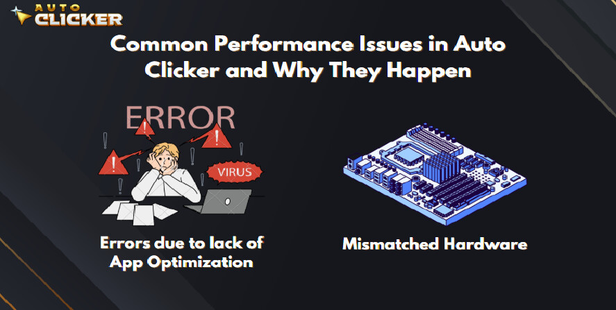An infographic titled ‘Common Performance Issues in Auto Clicker and Why They Happen’ showing two causes: a frustrated user surrounded by error and virus warnings labeled ‘Errors due to lack of App Optimization,’ and an illustration of a motherboard labeled ‘Mismatched Hardware
