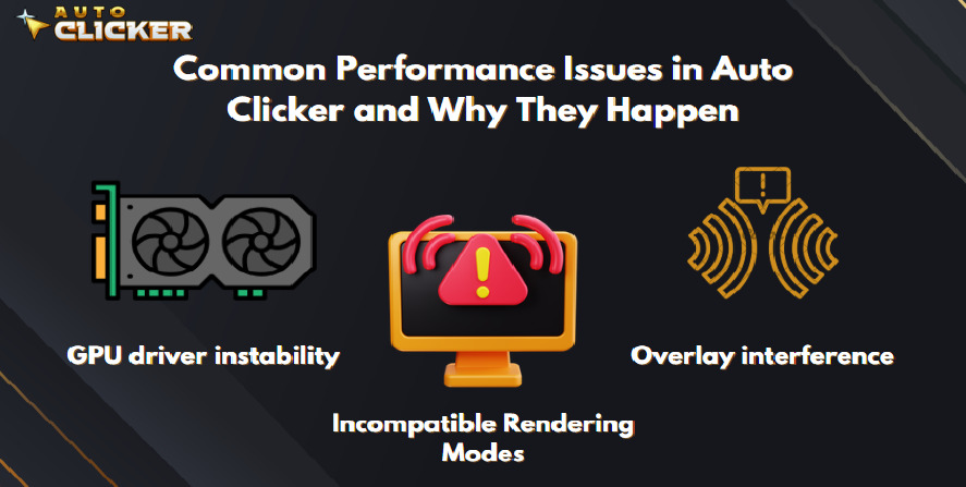 A graphic titled ‘Common Performance Issues in Auto Clicker and Why They Happen’ featuring icons for GPU driver instability, incompatible rendering modes with a warning on a monitor, and overlay interference. Each issue is paired with a corresponding illustration to highlight the causes of auto clicker malfunctions.