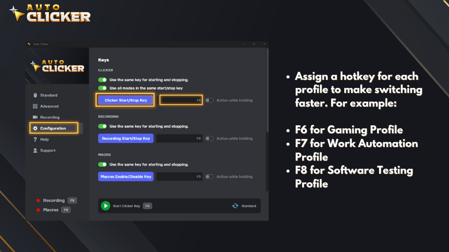 Interface highlights key binding options for clicker, recording, and macro modes.