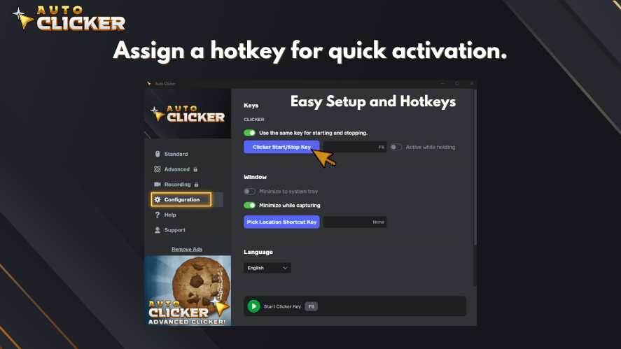 Tutorial image titled 'Assign a hotkey for quick activation' showing the Auto Clicker interface with the 'Configuration' tab open. A highlighted section indicates how to assign a Start/Stop hotkey for easy setup. An orange arrow points to the 'Clicker Start/Stop Key' button, with the default key set to F5. The Auto Clicker logo appears in the top left corner.