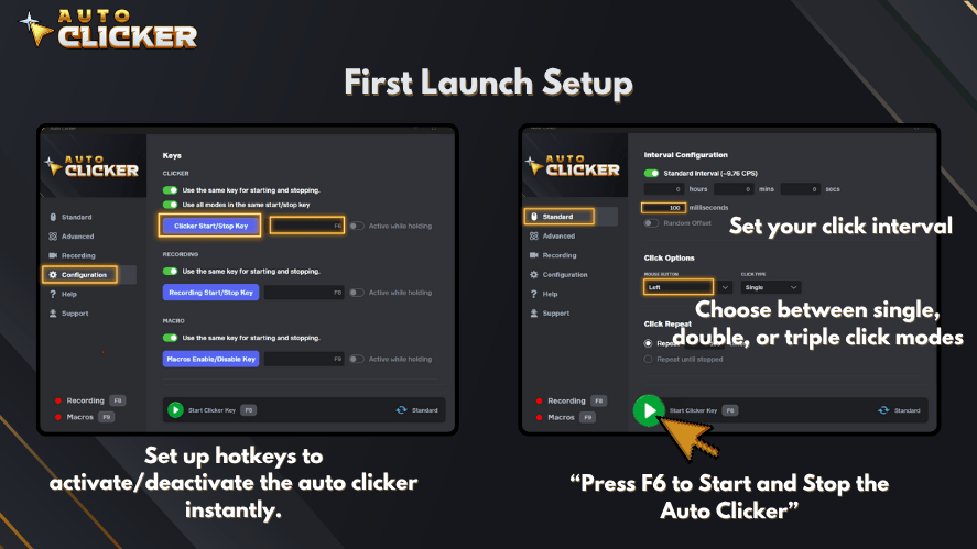 Instructional graphic titled 'First Launch Setup' showing two Auto Clicker interface screenshots. The left panel displays hotkey setup for activating or deactivating the clicker, with the 'Clicker Start/Stop Key' highlighted. The right panel shows interval configuration settings, allowing users to choose click intervals and modes (single, double, or triple). An arrow points to the green start button labeled 'Press F6 to Start and Stop the Auto Clicker.' Auto Clicker logo appears in the top left corner.