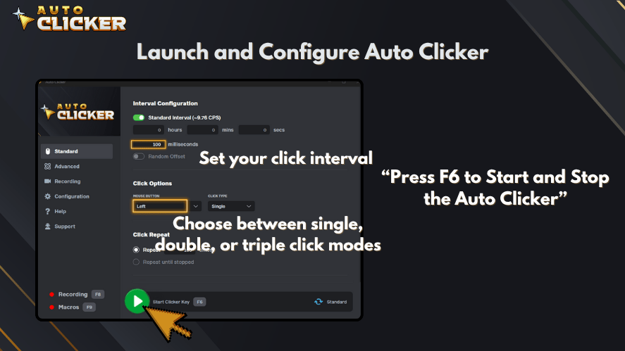 Highlights include a green start button, F6 hotkey, and options for single, double, or triple clicks.
