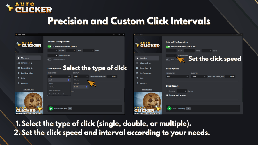 Instructional graphic titled 'Precision and Custom Click Intervals' showing two screenshots of the Auto Clicker interface. Arrows highlight how to select the type of click and set the click speed in milliseconds. Below the images, step-by-step instructions read: 1. Select the type of click (single, double, or multiple). 2. Set the click speed and interval according to your needs. Auto Clicker logo appears in the top left corner.