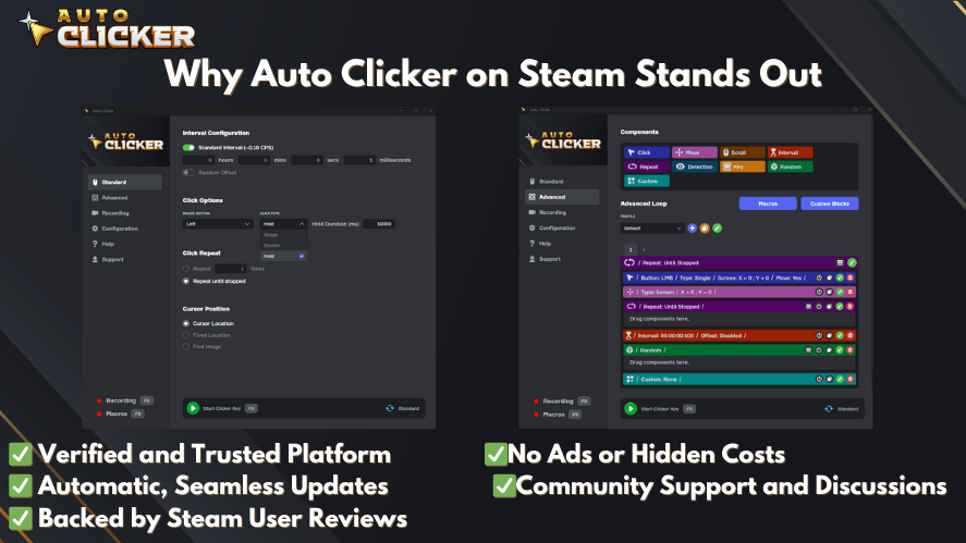 Text highlights benefits like verified platform, no ads, seamless updates, Steam reviews, and community support with green checkmark icons.