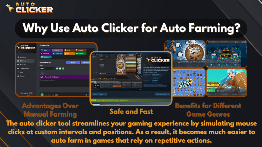 Infographic titled 'Why Use Auto Clicker for Auto Farming?' featuring screenshots of Auto Clicker software and various games like Cookie Clicker and Mr. Mine, highlighting advantages over manual farming, safety, and genre versatility for automated gameplay.