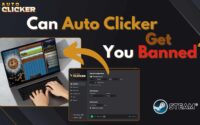 Promotional graphic showing the question 'Can Auto Clicker Get You Banned?' with emphasis on the words 'Auto Clicker' and 'Banned'. The image includes a person using a laptop running Cookie Clicker and a screenshot of an auto clicker software interface. A Steam logo appears in the corner, suggesting the auto clicker is available on Steam.