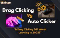 A comparison banner titled "Drag Clicking vs Auto Clicker" featuring two images: one showing a hand drag clicking on a gaming mouse with purple lighting, and the other showing a black Logitech mouse with gear icons. The subtitle asks, “Is Drag Clicking Still Worth Learning in 2025?” The design includes bold text and a dark background with gold accents.