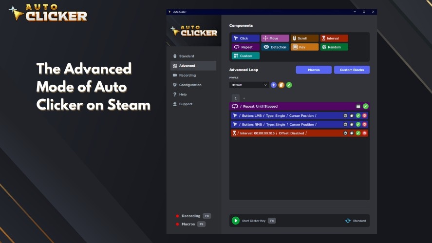 The advanced mode and settings of Auto Clicker on Steam