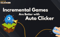 Promotional graphic showing a hand using a mouse to click on a blue monster, with the text 'Incremental Games Are Better with Auto Clicker' and the Auto Clicker logo.