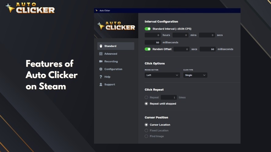 Features of the standard tab of Auto Clicker on Steam