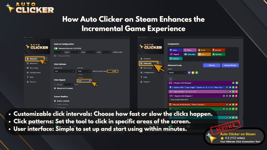 Auto Clicker on Steam showing advanced settings with customizable click intervals, click patterns, and a user-friendly interface to enhance incremental game performance.
