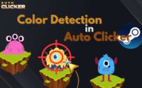 Illustration showing cute cartoon monsters on floating platforms, with a target reticle over a one-eyed creature. Title text reads 'Color Detection in Auto Clicker' with a Steam logo in the background. Designed for a guide about using color detection in Auto Clicker on Steam.