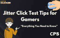 Illustration featuring a banner that reads "Jitter Click Test Tips for Gamers – Everything You Need to Know." The design includes a cartoon hand clicking a blue mouse and a character winking with one hand raised. The Auto Clicker logo appears in the top-left corner, and "CPS" is displayed in bold at the bottom-right.