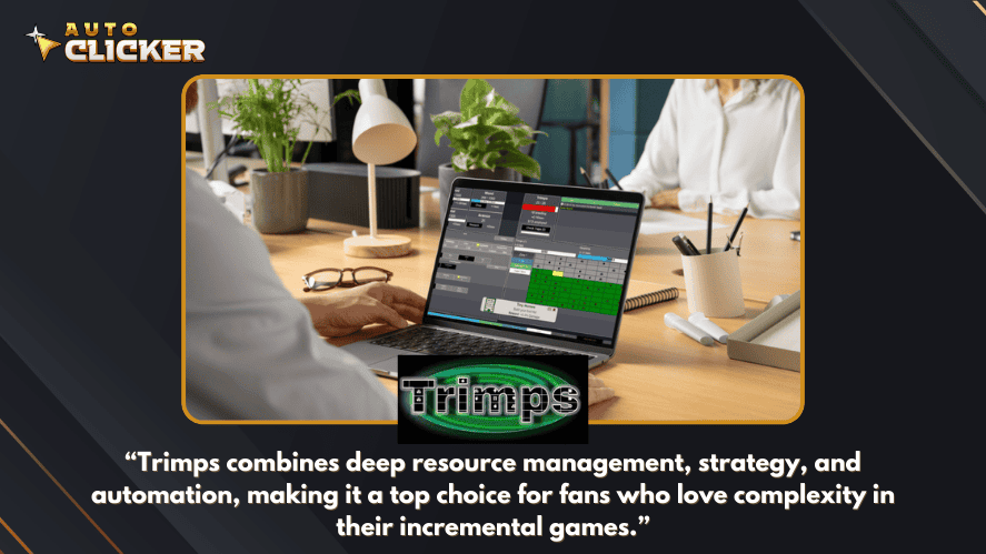 Trimps gameplay on a laptop screen showing resource management and automation systems.