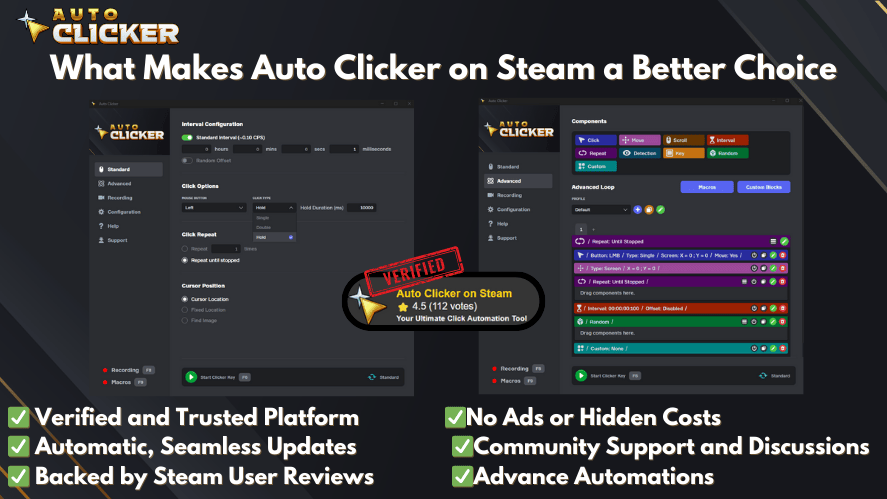 Auto Clicker on Steam interface showcasing advanced features and automation options, with highlights of platform benefits like verified status, no ads, Steam user reviews, and community support.