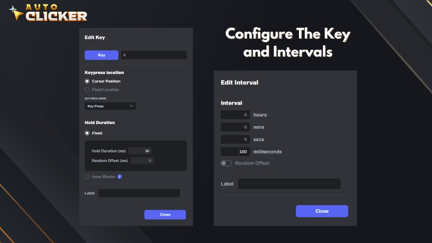 Configure the key and interval components in Auto Clicker on Steam