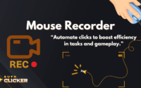 Illustration of a mouse recorder concept with a hand holding a computer mouse, REC icon, and text saying 'Automate clicks to boost efficiency in tasks and gameplay.' Designed for Auto Clicker branding.