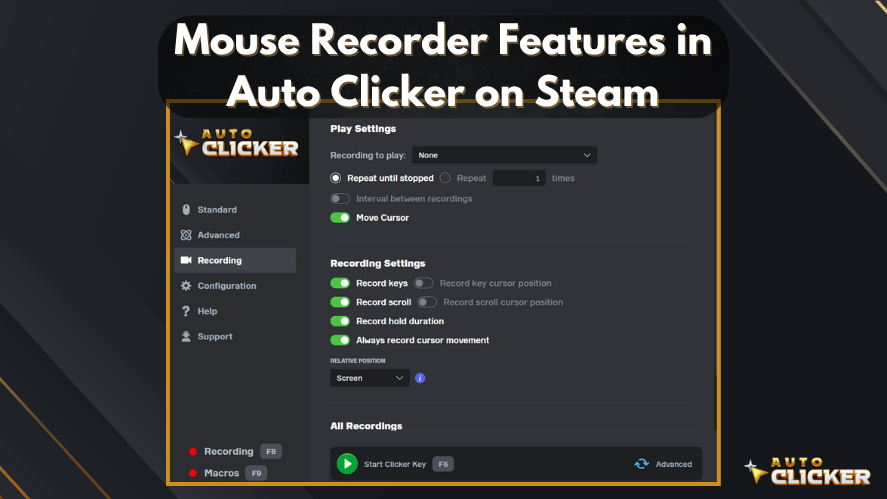 Screenshot of mouse recorder features in Auto Clicker on Steam, showing play settings, recording options like cursor movement, key and scroll recording, and repeat modes.