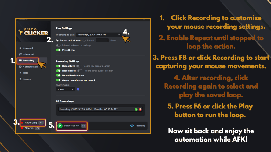 Step-by-step tutorial for using mouse recording in Auto Clicker on Steam, with labeled interface and instructions for automating actions using F8 to record and F6 to play the loop.