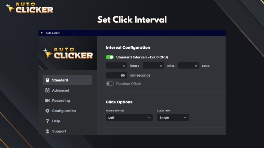 The click interval configuration box in Auto Clicker on Steam
