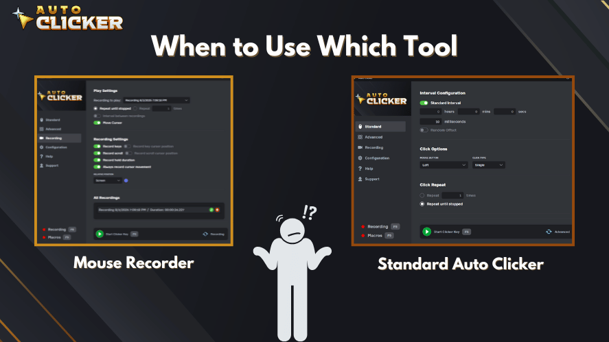 Comparison graphic showing when to use Mouse Recorder versus Standard Auto Clicker in the Auto Clicker app, with a confused character between the two options and screenshots of each tool's interface.