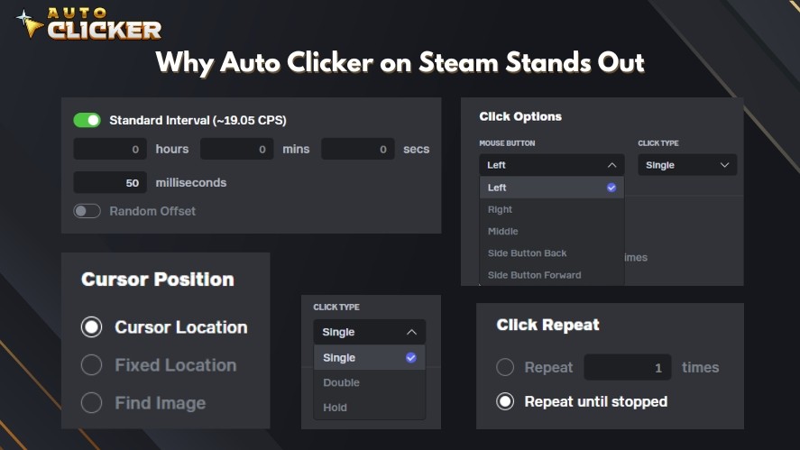 Every settings in the standard tab of Auto Clicker on Steam