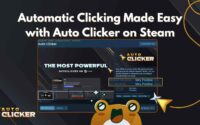 Screenshot of the Auto Clicker app on Steam titled "Automatic Clicking Made Easy with Auto Clicker on Steam", featuring a highly rated interface, positive user reviews, and branding elements like stars and a cartoon mascot.