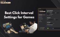 Auto Clicker interface showing best click interval settings for games with standard and random interval options on screen.