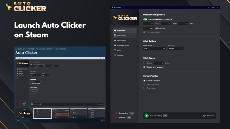 Launching Auto Clicker on Steam and its interface