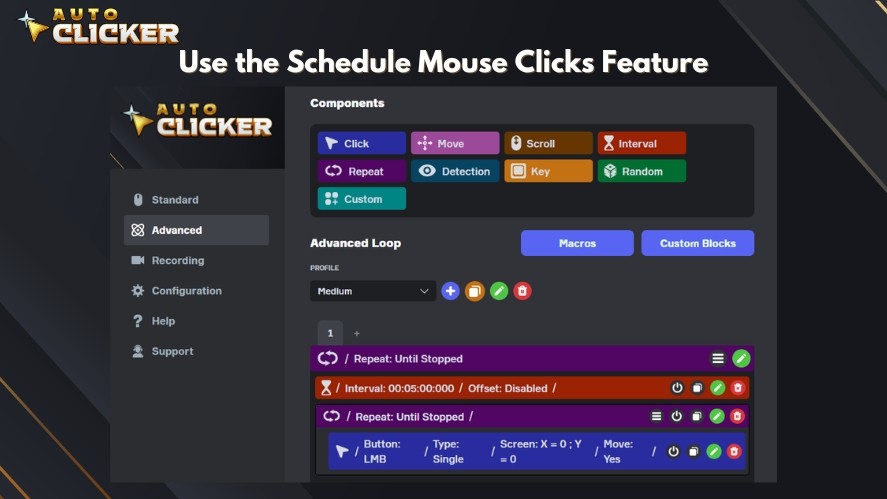 Using the command blocks in the Advanced tab to schedule mouse clicks