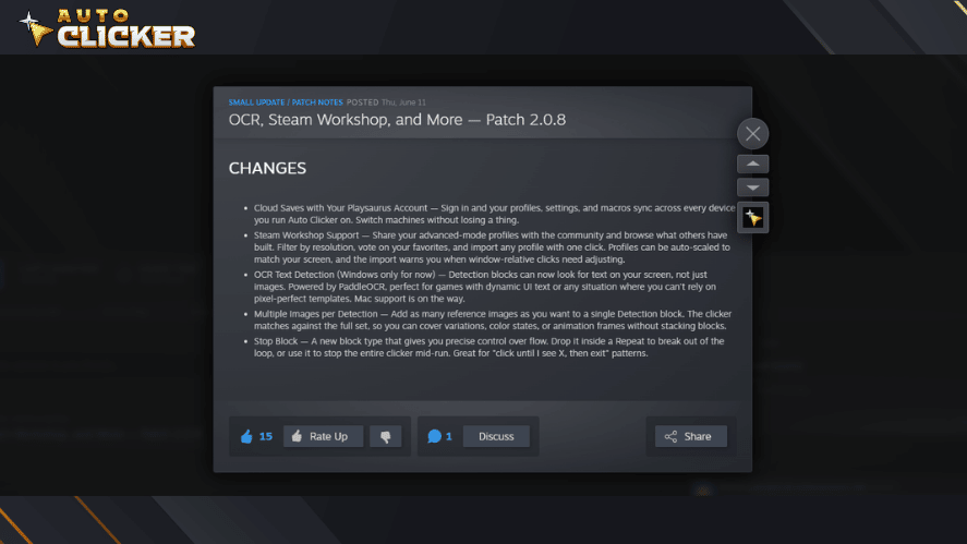 Auto Clicker on Steam Patch 2.0.8 update notes showing cloud saves, Steam Workshop support, OCR, multiple image detection, and Stop Block.
