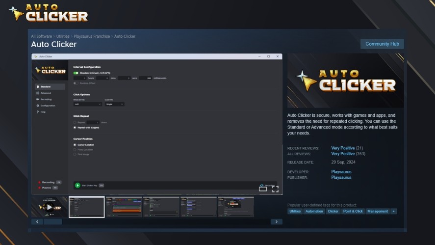 Auto Clicker on Steam's page with all the detailed information about the developer, reviews, and community hub
