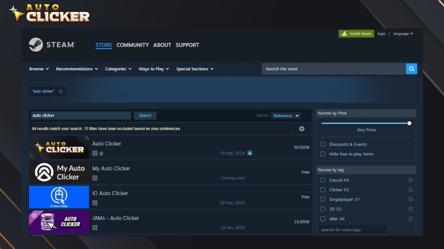 Auto clicker apps on Steam