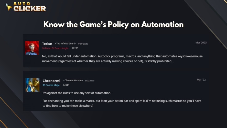 Users on WoW forum discussing about the banned usage of auto clickers or automation
