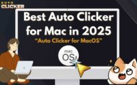 Illustration showing 'Best Auto Clicker for Mac in 2025' with subheading 'Auto Clicker for MacOS' on a computer screen, alongside cartoon characters and a macOS icon with a clicking cursor.