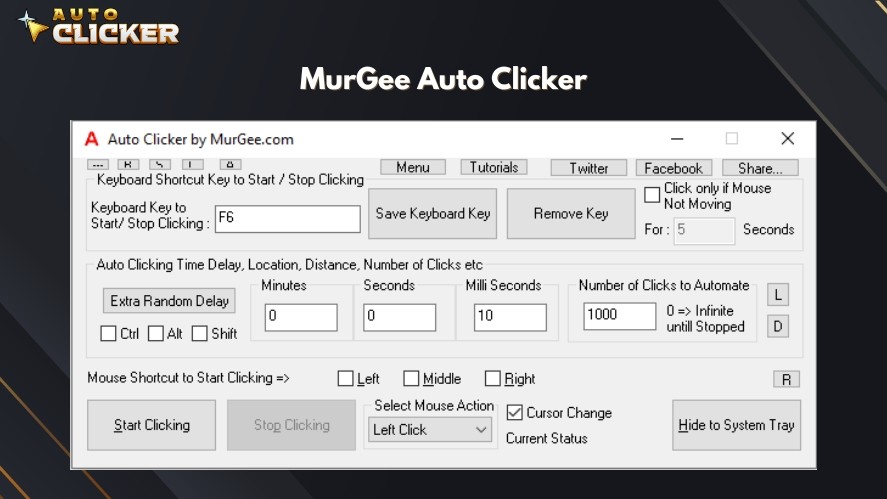 MurGee Auto Clicker with hotkey settings, intervals, and click types